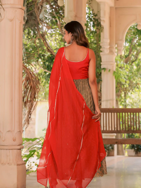 Red and brown bandhani anarkali set