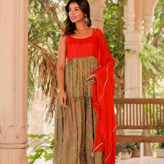 Red and brown bandhani anarkali set
