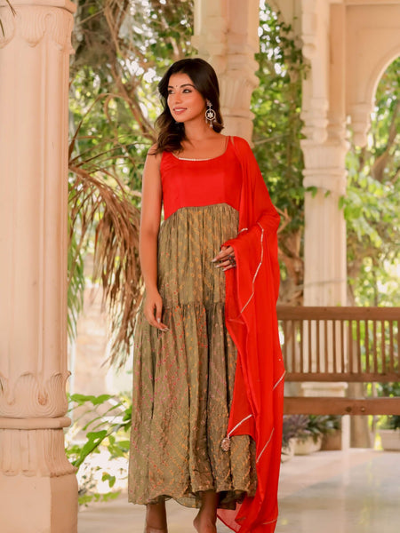 Red and brown bandhani anarkali set