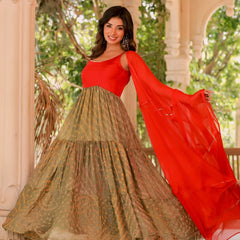 Red and brown bandhani anarkali set