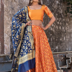ORANGE BLOUSE WITH BLOUSE AND BLUE DUPATTA SET
