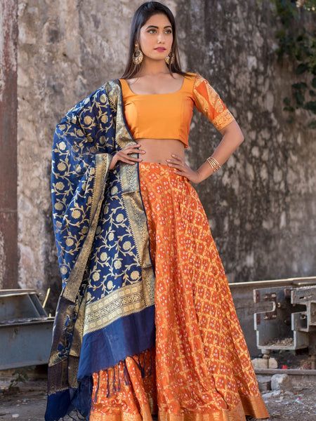 ORANGE BLOUSE WITH BLOUSE AND BLUE DUPATTA SET