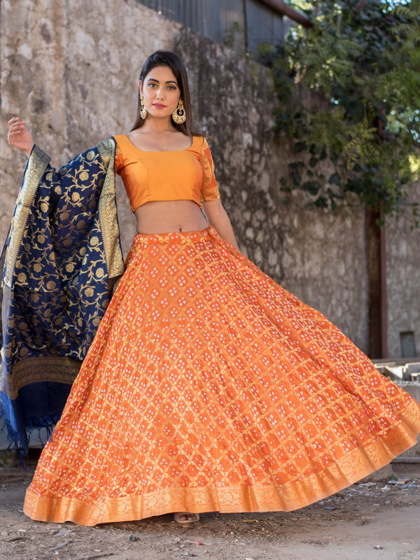 ORANGE BLOUSE WITH BLOUSE AND BLUE DUPATTA SET