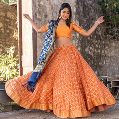 ORANGE BLOUSE WITH BLOUSE AND BLUE DUPATTA SET
