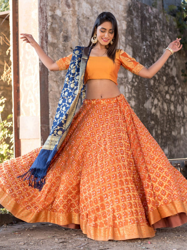 ORANGE BLOUSE WITH BLOUSE AND BLUE DUPATTA SET