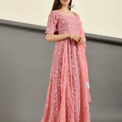 Pink mirror anarkali set