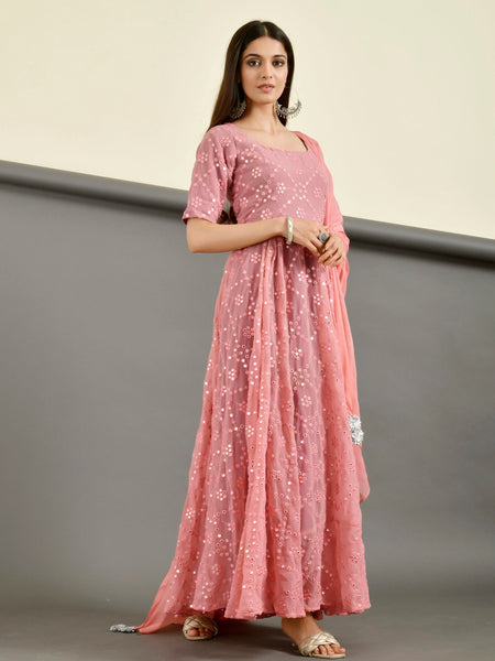 Pink mirror anarkali set