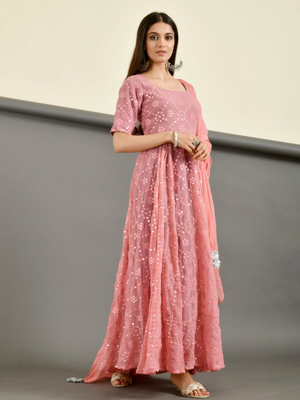 Pink mirror anarkali set