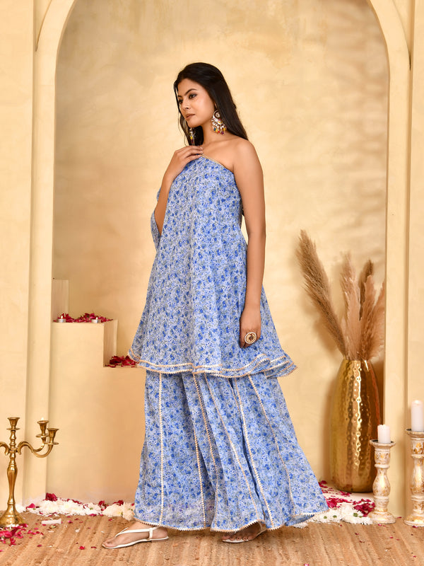 Neel Blue Floral Sharara Set