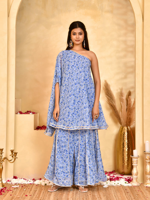 Neel Blue Floral Sharara Set