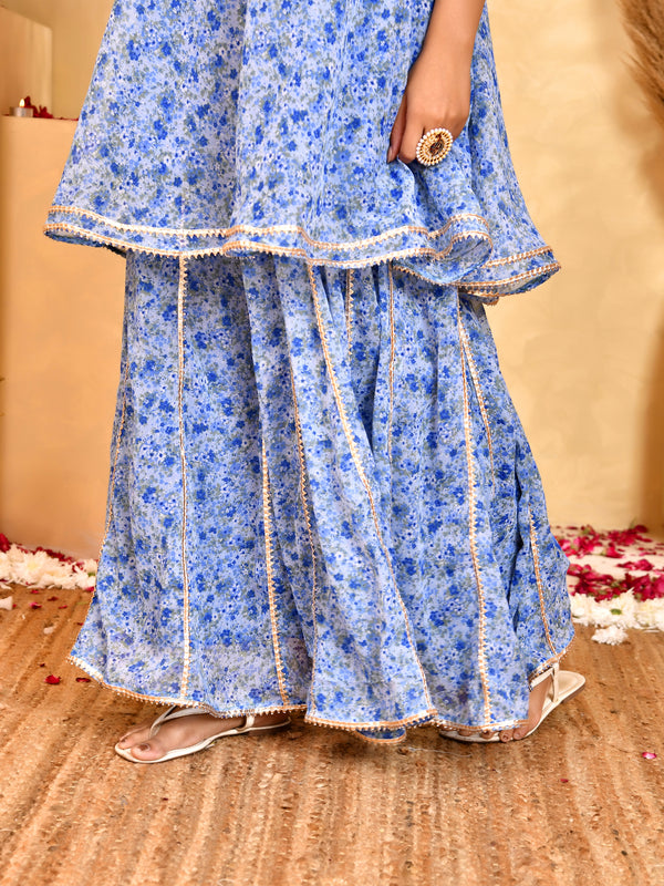 Neel Blue Floral Sharara Set