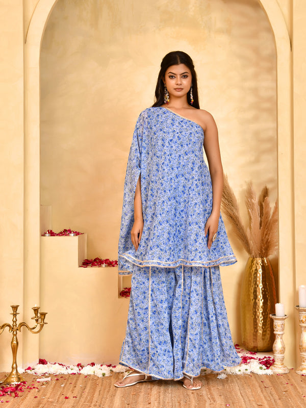 Neel Blue Floral Sharara Set