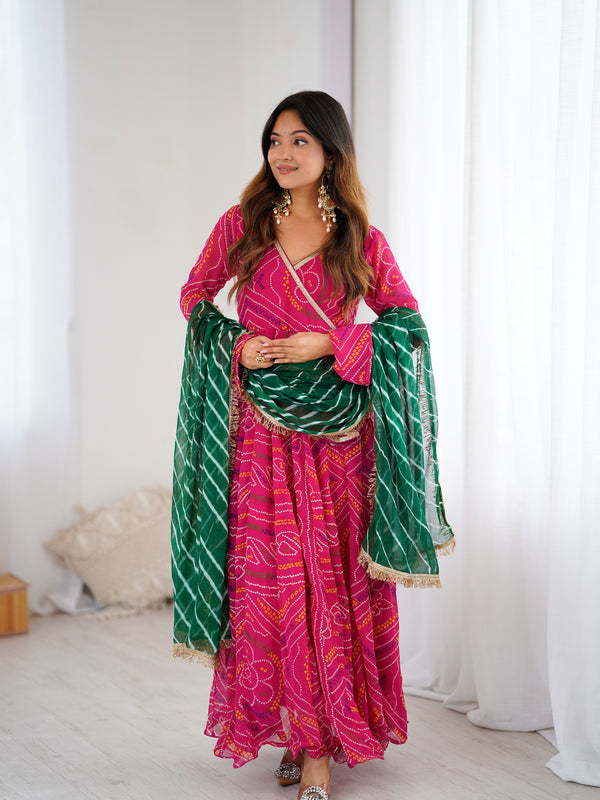 Magenta Bandhani Angrakha Anarkali Set
