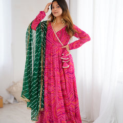 Magenta Bandhani Angrakha Anarkali Set