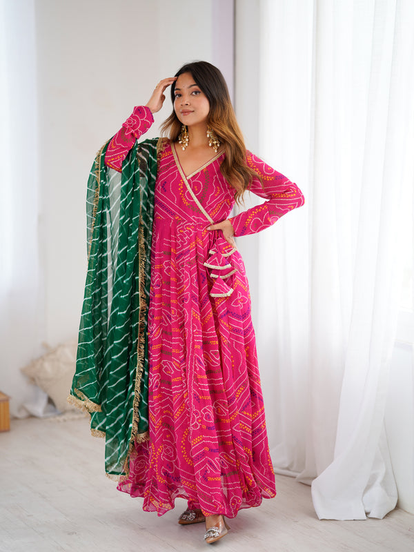 Magenta Bandhani Angrakha Anarkali Set