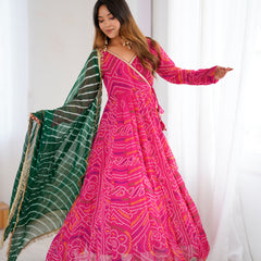 Magenta Bandhani Angrakha Anarkali Set
