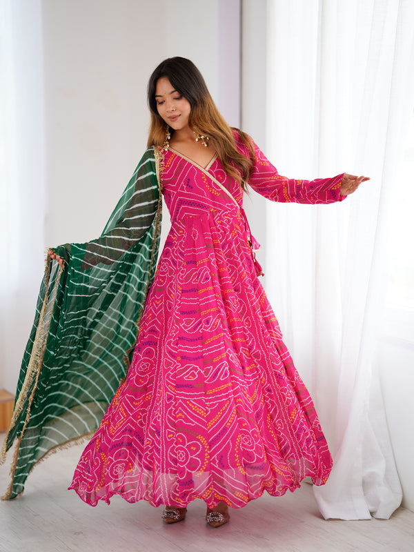 Magenta Bandhani Angrakha Anarkali Set