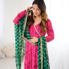 Magenta Bandhani Angrakha Anarkali Set