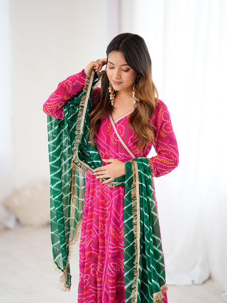 Magenta Bandhani Angrakha Anarkali Set