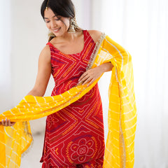 Red Bandhej Kurta Sharara Set with Leheriya Dupatta