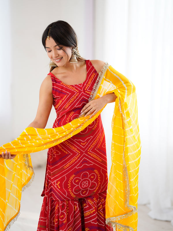Red Bandhej Kurta Sharara Set with Leheriya Dupatta