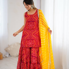 Red Bandhej Kurta Sharara Set with Leheriya Dupatta