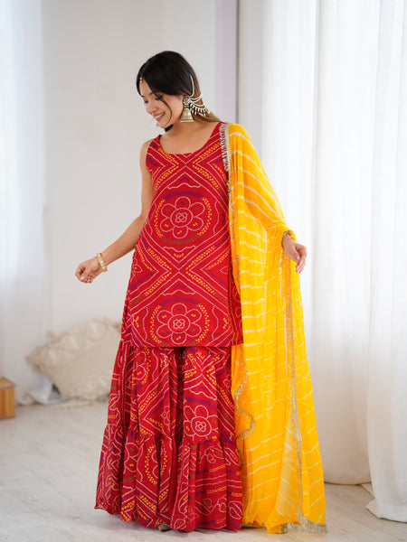 Red Bandhej Kurta Sharara Set with Leheriya Dupatta