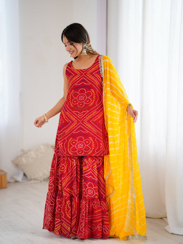 Red Bandhej Kurta Sharara Set with Leheriya Dupatta