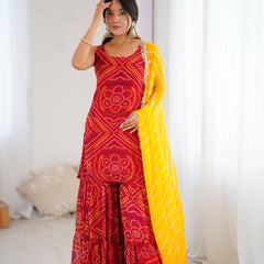 Red Bandhej Kurta Sharara Set with Leheriya Dupatta