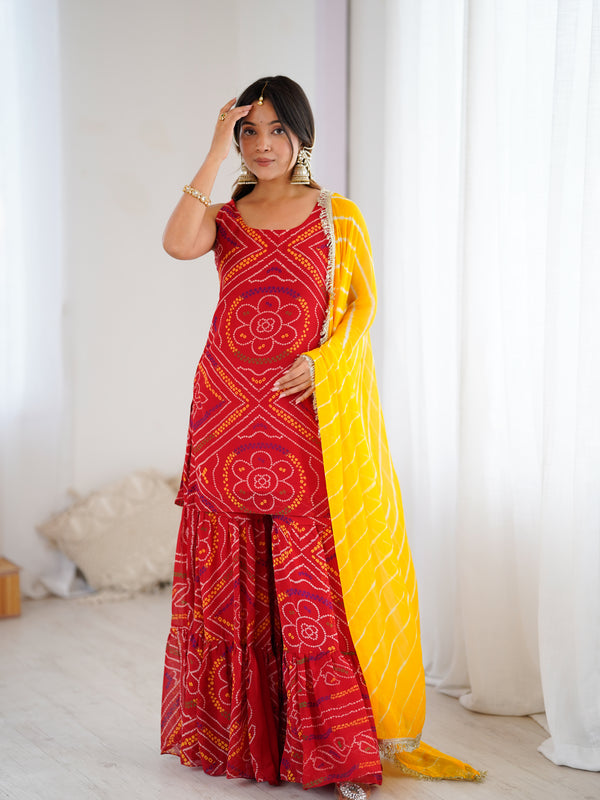 Red Bandhej Kurta Sharara Set with Leheriya Dupatta