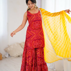 Red Bandhej Kurta Sharara Set with Leheriya Dupatta