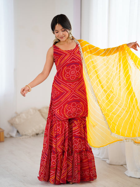 Red Bandhej Kurta Sharara Set with Leheriya Dupatta