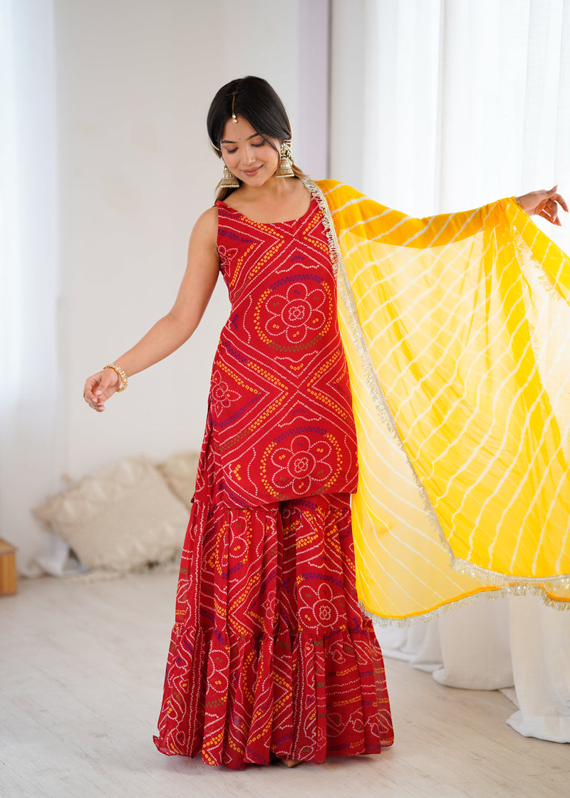 Red Bandhej Kurta Sharara Set with Leheriya Dupatta