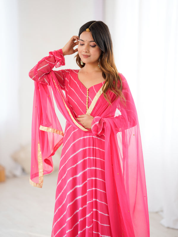Leheriya Chiffon Anarkali Set with Dupatta