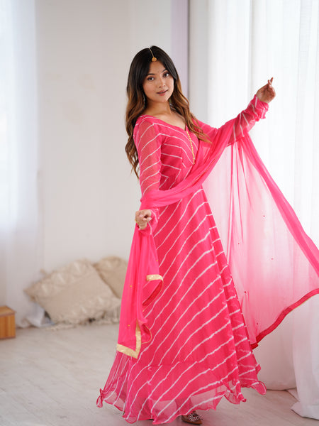 Leheriya Chiffon Anarkali Set with Dupatta