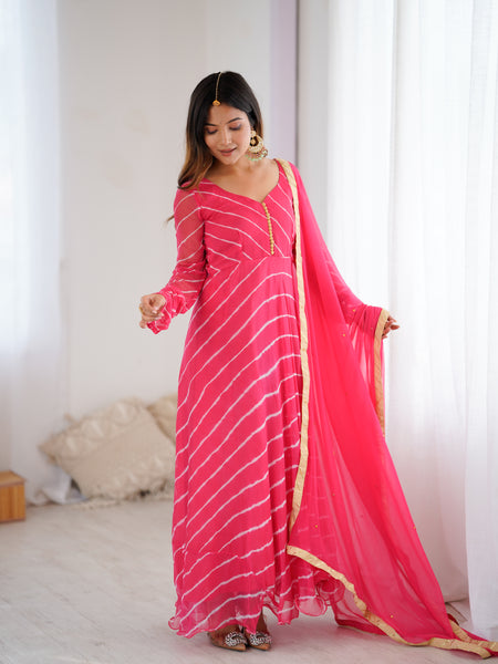 Leheriya Chiffon Anarkali Set with Dupatta