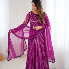 Purple Leheriya Flared Anarkali Set with Dupatta