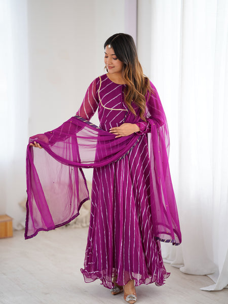 Purple Leheriya Flared Anarkali Set with Dupatta