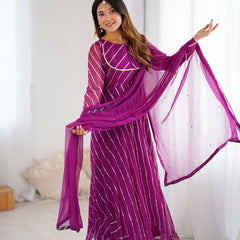 Purple Leheriya Flared Anarkali Set with Dupatta