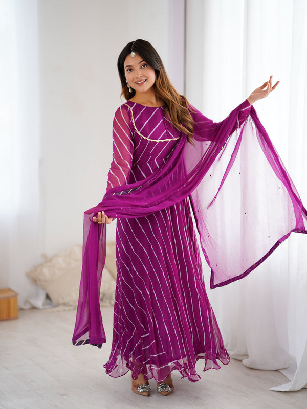 Purple Leheriya Flared Anarkali Set with Dupatta