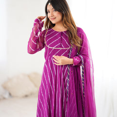 Purple Leheriya Flared Anarkali Set with Dupatta