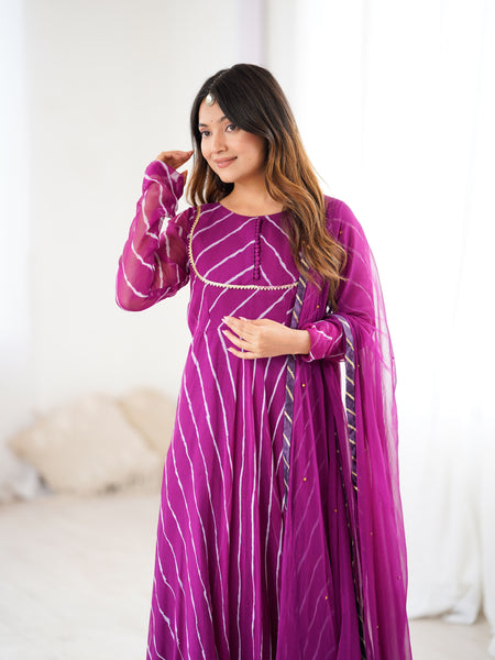 Purple Leheriya Flared Anarkali Set with Dupatta