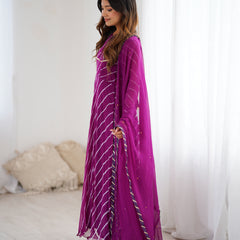 Purple Leheriya Flared Anarkali Set with Dupatta