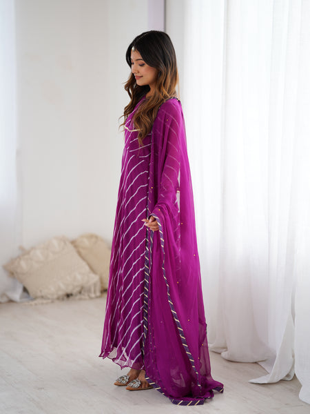 Purple Leheriya Flared Anarkali Set with Dupatta