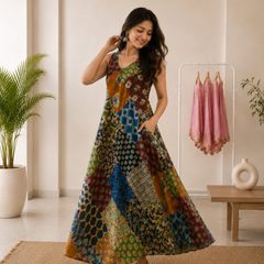 Boho Patchwork Printed Flared Maxi Dress for Women