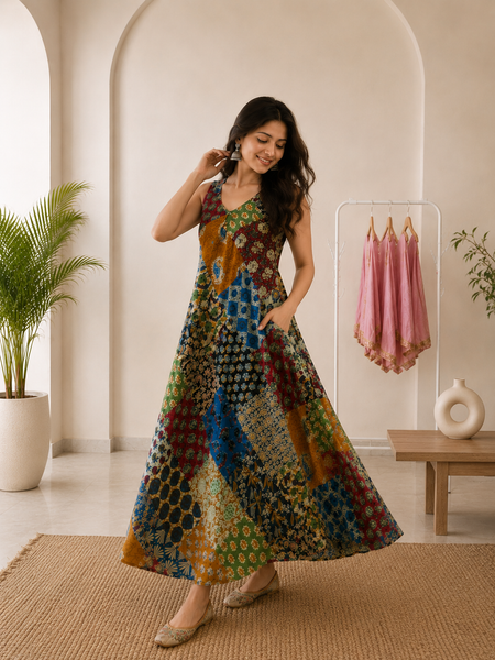Boho Patchwork Printed Flared Maxi Dress for Women