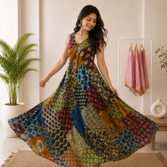 Boho Patchwork Printed Flared Maxi Dress for Women