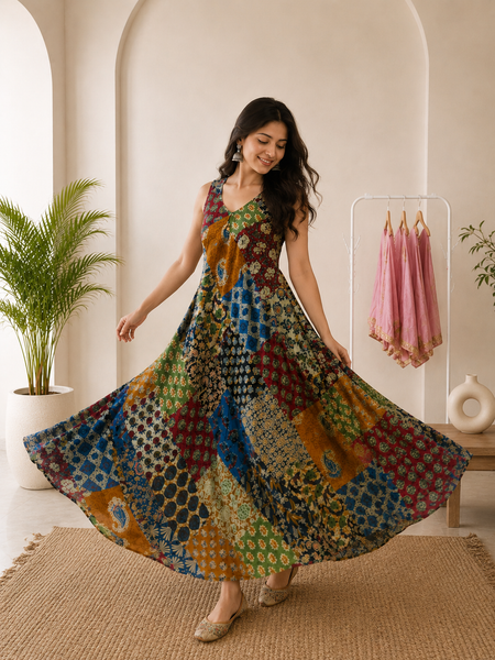 Boho Patchwork Printed Flared Maxi Dress for Women