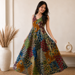 Boho Patchwork Printed Flared Maxi Dress for Women