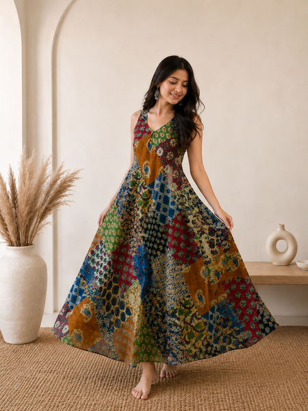 Boho Patchwork Printed Flared Maxi Dress for Women